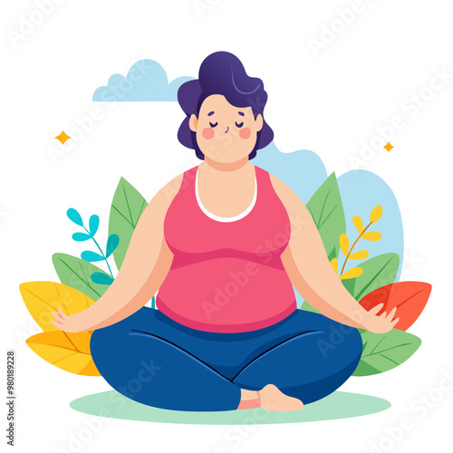 Obese woman practicing meditation in peaceful pose promoting mindfulness and mental well-being.
