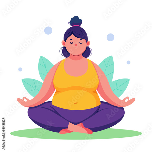Obese woman practicing meditation in peaceful pose promoting mindfulness and mental well-being.