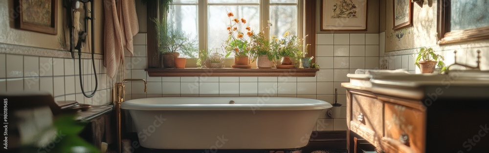 Fototapeta premium A cozy vintage bathroom featuring a freestanding tub and potted plants by the window.