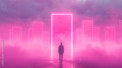 A man stands before a large, pink neon doorway in a futuristic city.