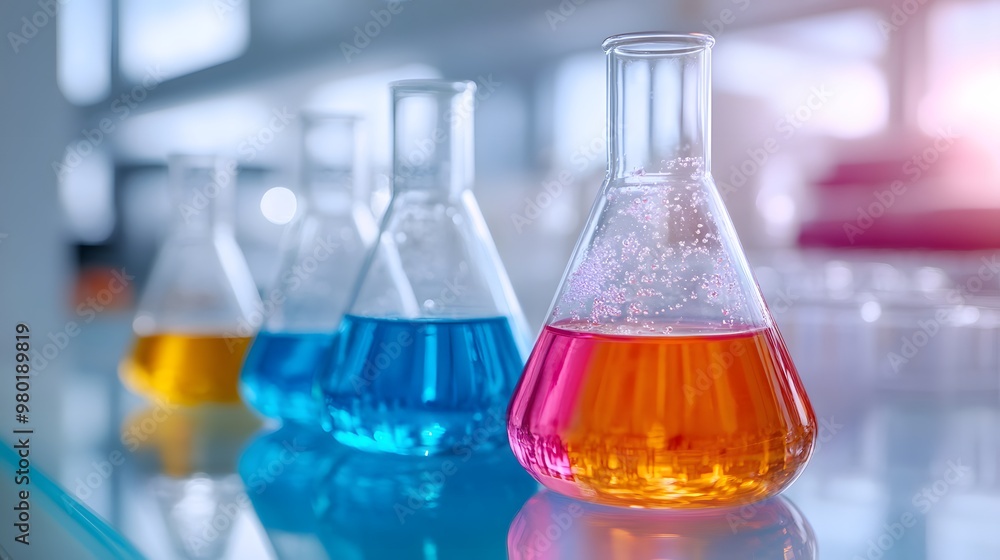A Close-Up of Three Flasks Filled With Colorful Liquids in a Laboratory Setting A Close-Up of Three Flasks Filled With Colorful Liquids in a Laboratory Setting