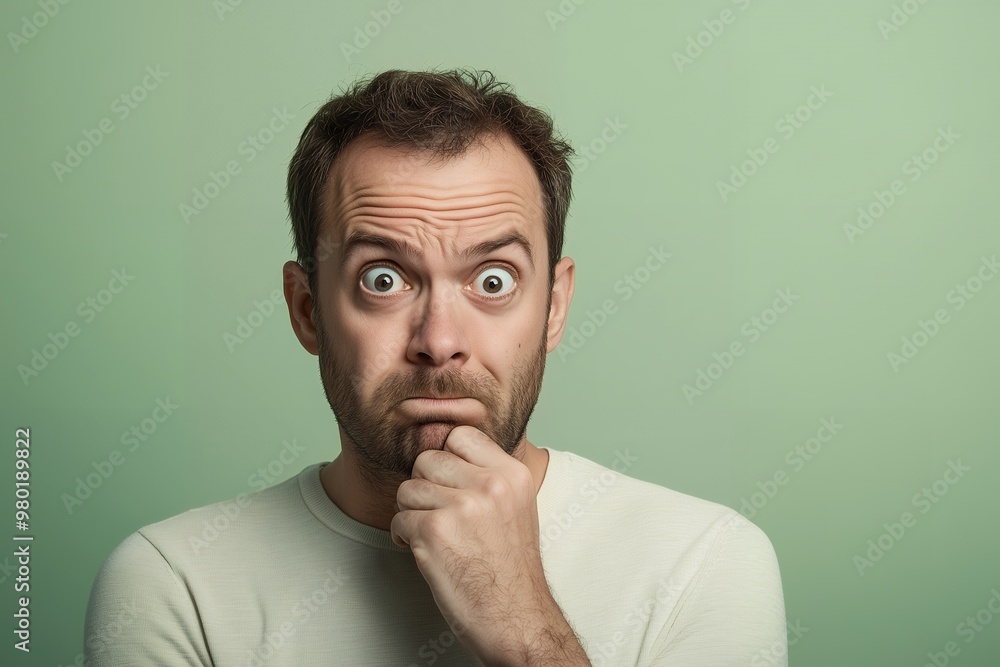 Man expressing surprise and concern with thoughtful facial expression Man expressing surprise and concern with thoughtful facial expression