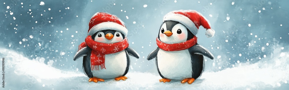 Adorable penguins in Christmas hats and scarves Adorable penguins in Christmas hats and scarves