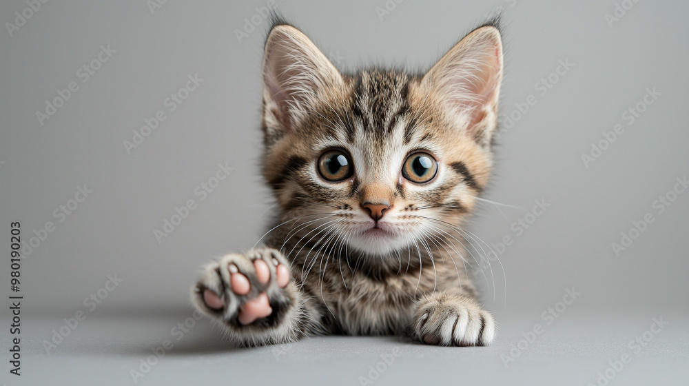A kitten sitting and extending one paw forward isolated on a simple background A kitten sitting and extending one paw forward isolated on a simple background