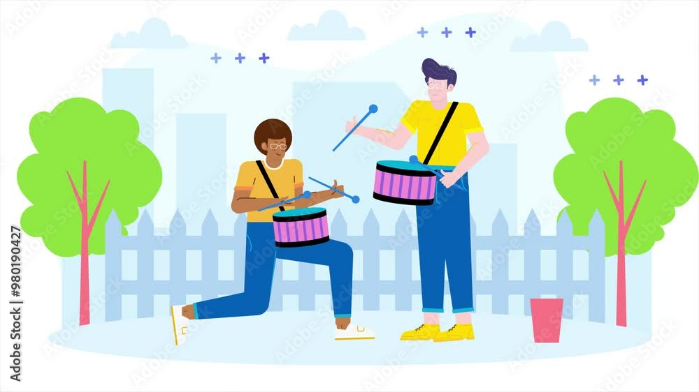 two people joyfully playing drums in a sunlit park setting illustration animated video two people joyfully playing drums in a sunlit park setting illustration animated video
