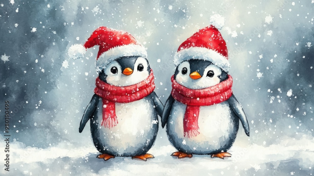 Adorable penguins in Christmas hats and scarves