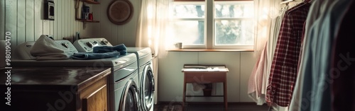 Bright laundry room with washing machines, natural light, and organized clothes.