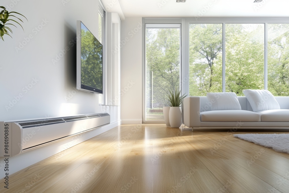 Fototapeta premium Baseboard heater in a modern living room with natural light and large windows overlooking a garden view