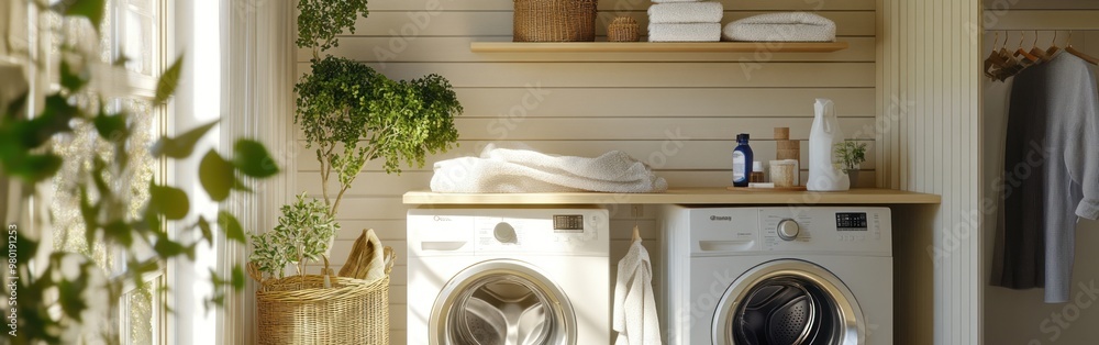A bright laundry room with appliances, shelves, and decorative elements. A bright laundry room with appliances, shelves, and decorative elements.