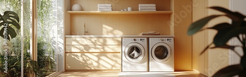 Obraz na płótnie Modern laundry room with washer and dryer, minimalistic design, and natural light. w salonie