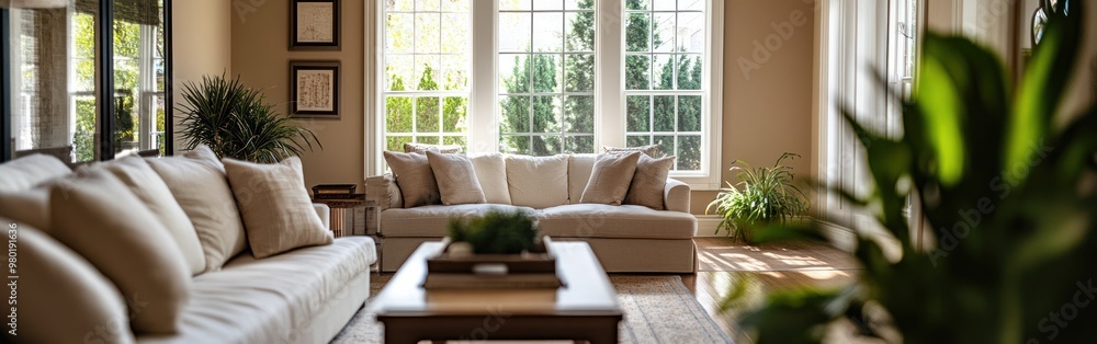 A cozy living room with natural light, plants, and comfortable seating. A cozy living room with natural light, plants, and comfortable seating.