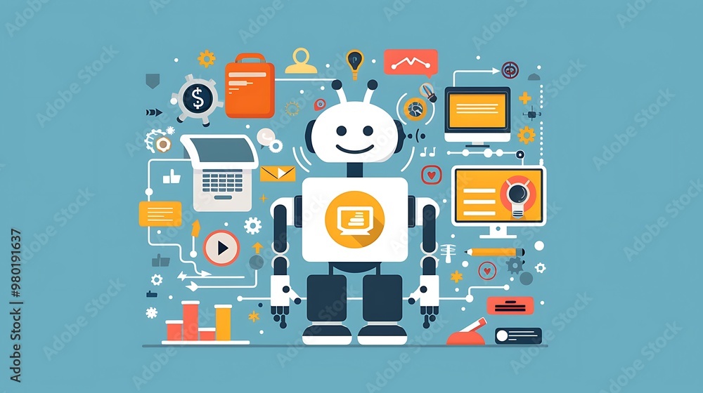illustration of a robot connected to various technology symbols, representing the concept of artificial intelligence and automation illustration of a robot connected to various technology symbols, representing the concept of artificial intelligence and automation