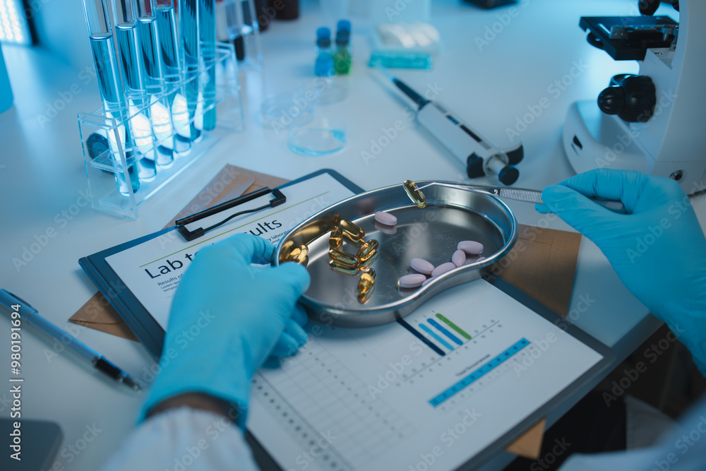 a scientist is testing various pills in order to improve their quality an effectiveness in the laboratory, a chemist is testing the chemistry of various pill capsules in a medicine laboratory a scientist is testing various pills in order to improve their quality an effectiveness in the laboratory, a chemist is testing the chemistry of various pill capsules in a medicine laboratory