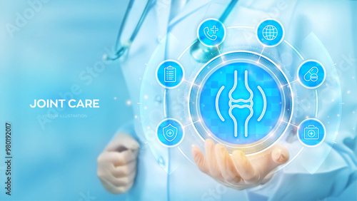 Joint health. Joint pain, inflammation, damage, arthritis treatment, physiotherapy. Doctor holding in hand Joint icon and medical icons network connection on virtual screen. Vector illustration.