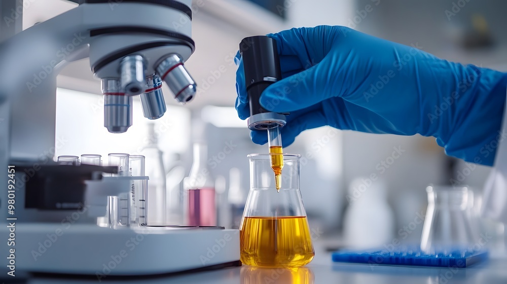 Close-up of a gloved hand holding a pipette over a beaker filled with a yellow liquid in a laboratory setting. Close-up of a gloved hand holding a pipette over a beaker filled with a yellow liquid in a laboratory setting.