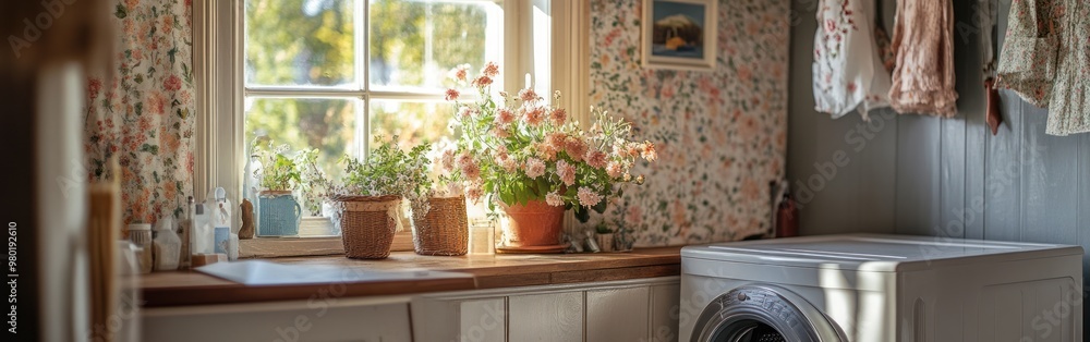 Fototapeta premium A cozy laundry room with floral wallpaper, a washing machine, and potted plants by the window.