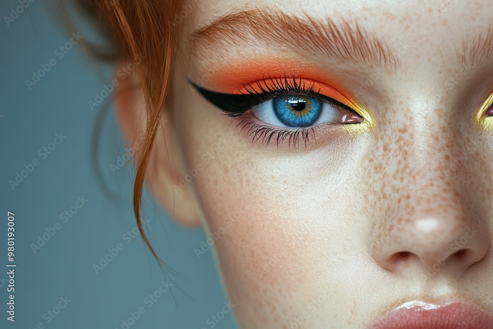Fototapeta premium Bright and bold close-up beauty shot of a young model showcasing colorful make-up artistry with striking eyeliner