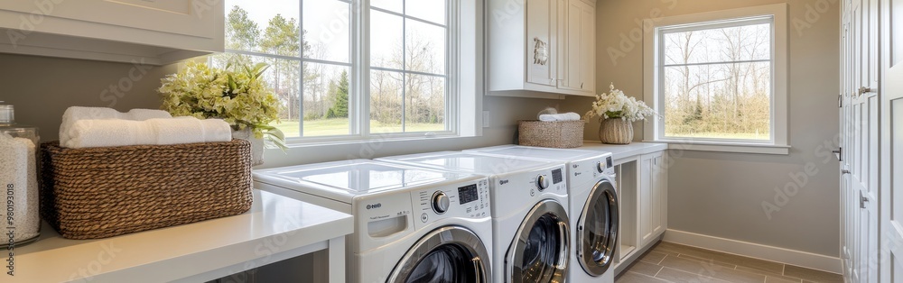A bright laundry room featuring washing machines, countertops, and decorative baskets. A bright laundry room featuring washing machines, countertops, and decorative baskets.