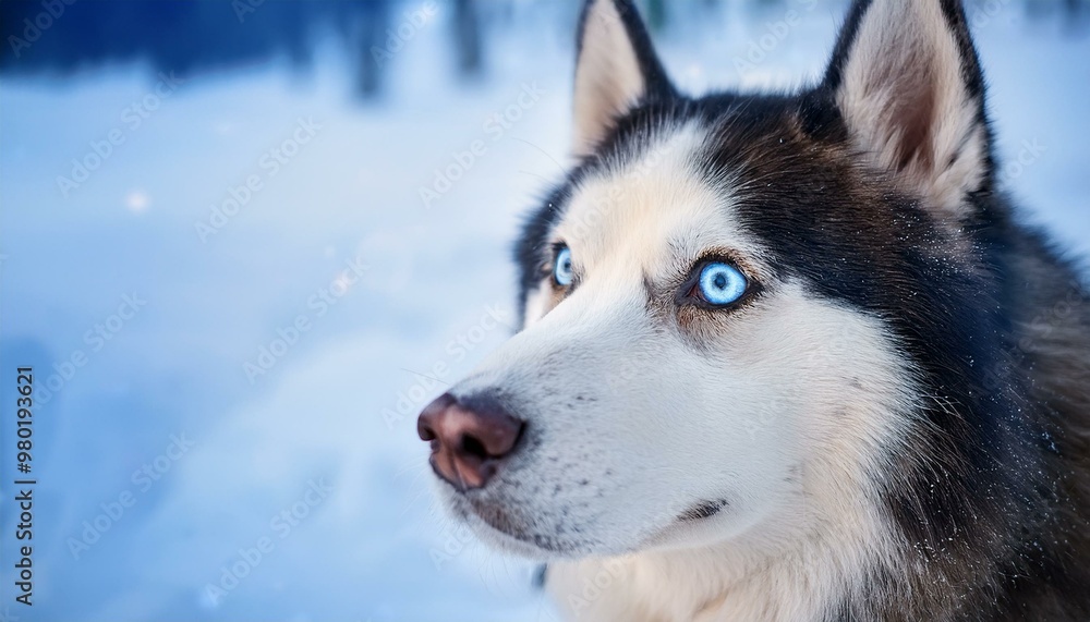 A Siberian Husky with striking blue eyes gazing upward, surrounded by a snowy landscape, capturing the essence of winter. A Siberian Husky with striking blue eyes gazing upward, surrounded by a snowy landscape, capturing the essence of winter.