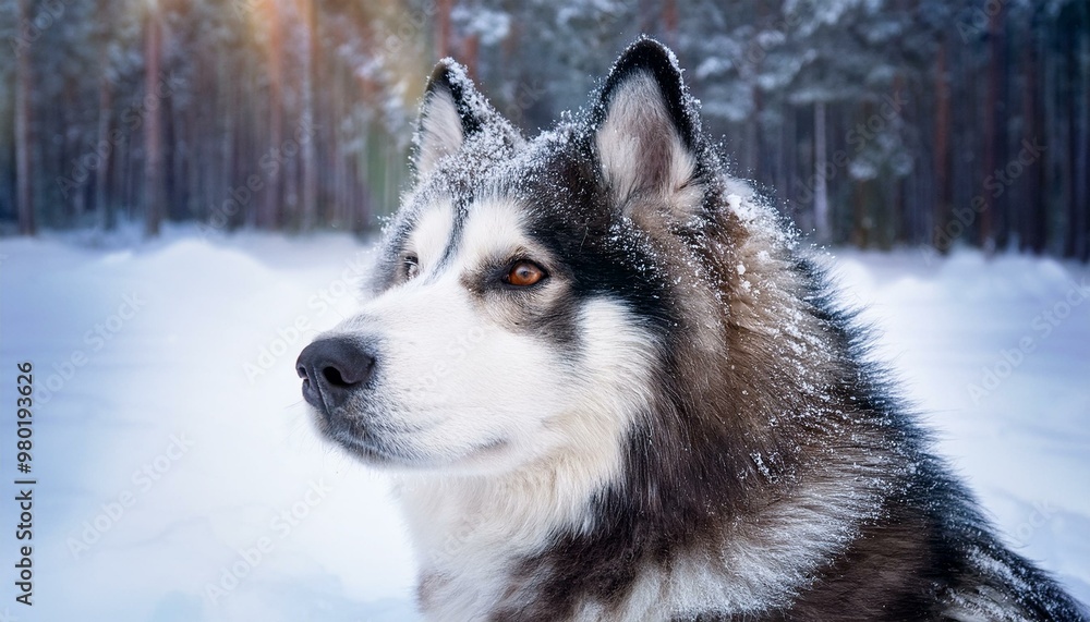 A Siberian husky with snow-covered fur standing in a serene winter forest, looking intently into the distance with piercing eyes. A Siberian husky with snow-covered fur standing in a serene winter forest, looking intently into the distance with piercing eyes.