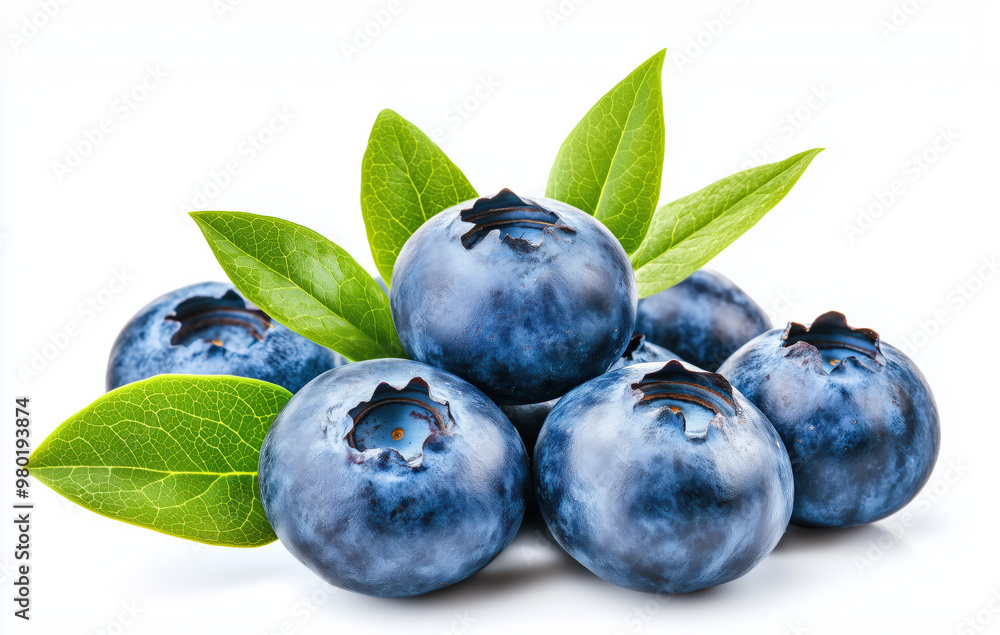 Fototapeta premium Fresh blueberries with green leaves on white background – healthy food and fruit theme