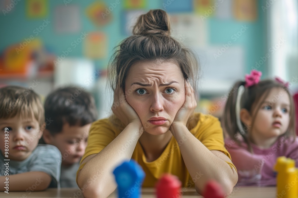 Fototapeta premium Teacher feeling overwhelmed with numerous children in a busy daycare classroom during playtime