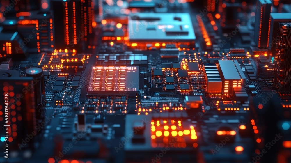 Circuit Board with Glowing Orange Lights Circuit Board with Glowing Orange Lights
