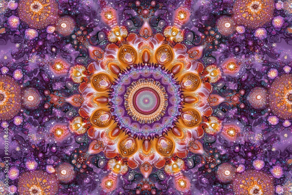 Colorful symmetrical mandala pattern with intricate concentric circles and sunflower like design elements Colorful symmetrical mandala pattern with intricate concentric circles and sunflower like design elements