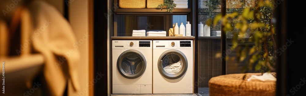 A modern laundry room featuring washing machines and organized storage. A modern laundry room featuring washing machines and organized storage.