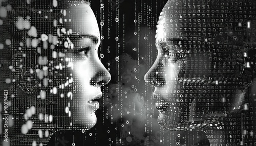 Abstract binary code portrait of a woman and man facing each other photo