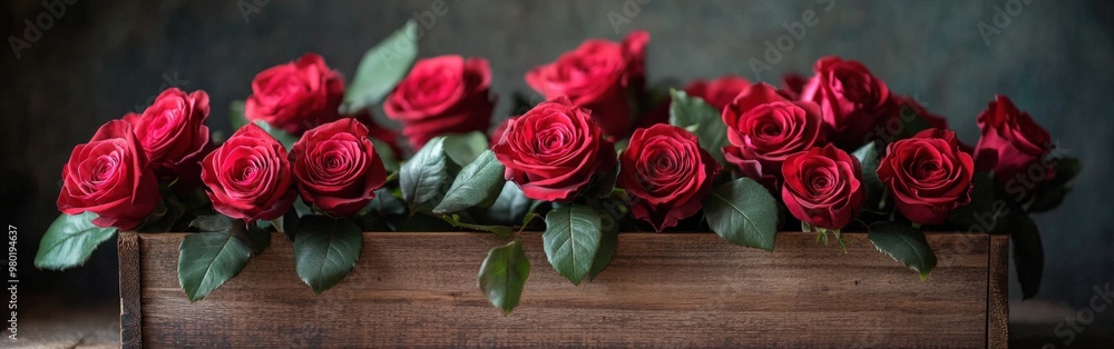 Ultra-realistic red roses in a wooden box with green leaves, shot from an oblique angle Ultra-realistic red roses in a wooden box with green leaves, shot from an oblique angle
