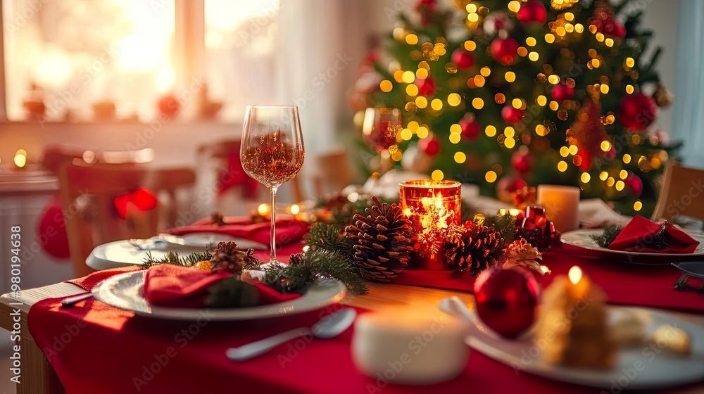 Festive dining setup with Christmas decorations. Festive dining setup with Christmas decorations.