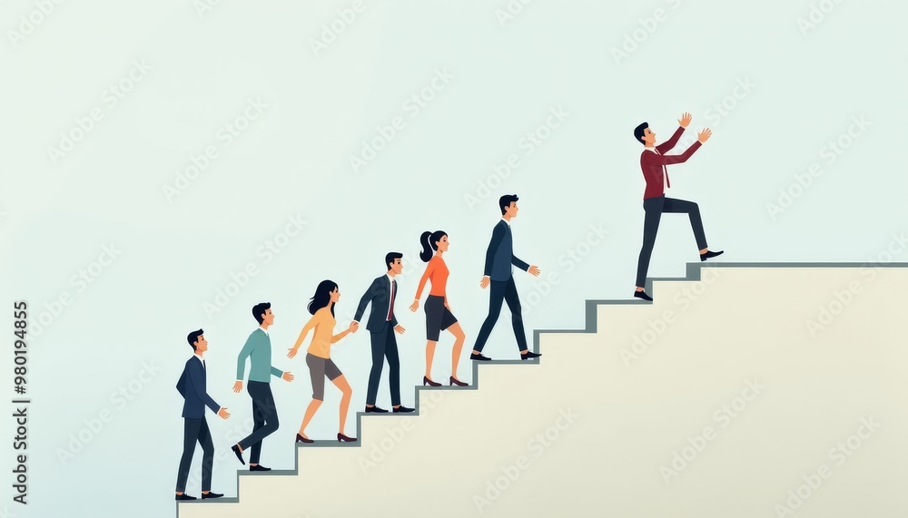 A group of people are walking up a set of stairs A group of people are walking up a set of stairs