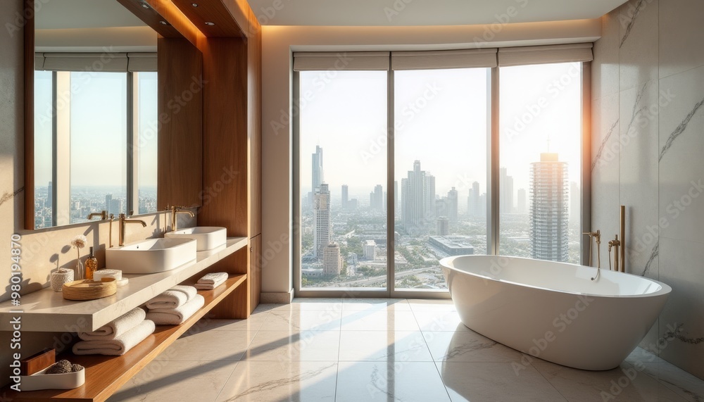 A large bathroom with a bathtub and two sinks A large bathroom with a bathtub and two sinks