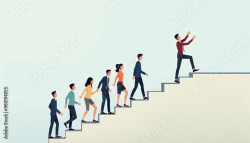 A group of people are walking up a set of stairs