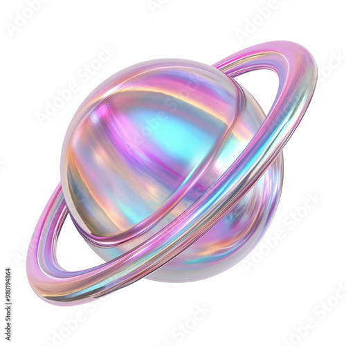 Futuristic iridescent saturn planet model with pastel hues