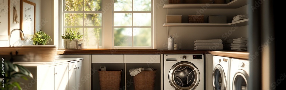 Fototapeta premium A bright laundry room featuring a washer, dryer, and organized shelves with plants.