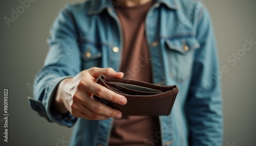 A man is holding a wallet in his hand and giving it to someone