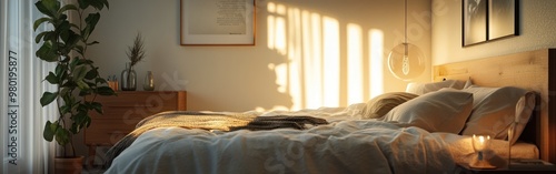 A cozy bedroom with warm sunlight, showcasing a bed, plants, and minimal decor. photo