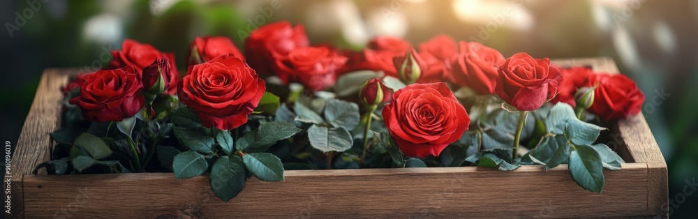 Ultra-realistic red roses in a wooden box with green leaves, shot from an oblique angle Ultra-realistic red roses in a wooden box with green leaves, shot from an oblique angle
