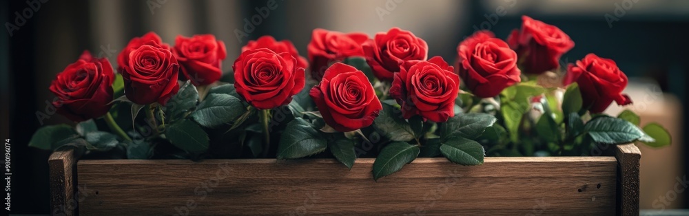 Ultra-realistic red roses in a wooden box with green leaves, shot from an oblique angle Ultra-realistic red roses in a wooden box with green leaves, shot from an oblique angle