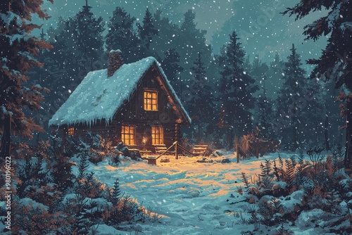 Cozy log cabin in snowy winter forest with glowing windows and stream