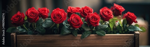 Ultra-realistic red roses in a wooden box with green leaves, shot from an oblique angle