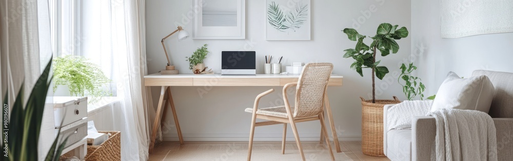 A modern workspace featuring a desk, chair, and plants in a bright, minimalist room. A modern workspace featuring a desk, chair, and plants in a bright, minimalist room.