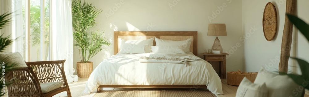 A serene bedroom with natural light, wooden furniture, and greenery for relaxation. A serene bedroom with natural light, wooden furniture, and greenery for relaxation.