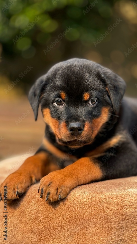 Cute rottweiler puppy lying down resting outdoors. Cute rottweiler puppy lying down resting outdoors.