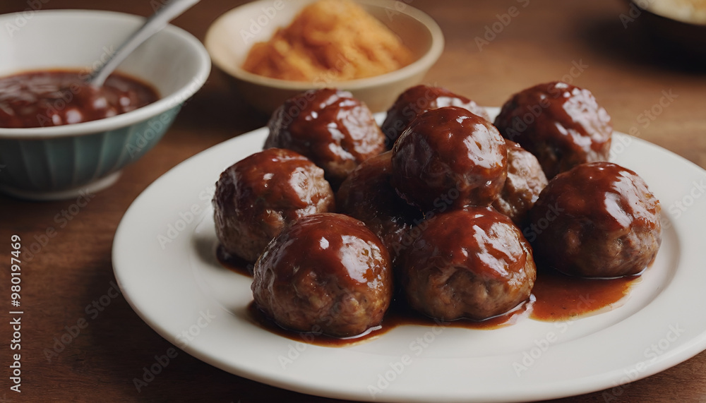 bbq meatballs covered in barbecue sauce on a plate bbq meatballs covered in barbecue sauce on a plate