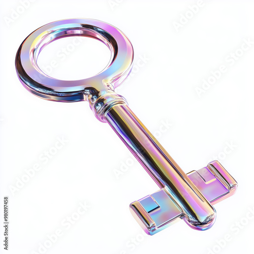 Iridescent metallic key on white background: symbol of access and mystery in modern design photo