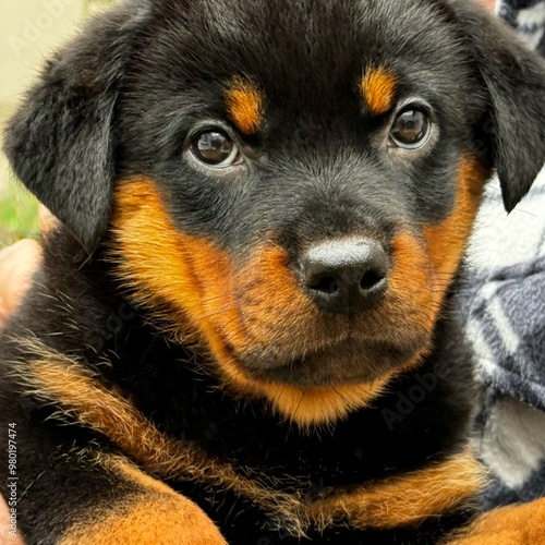 Person holding a cute Rottweiler puppy.