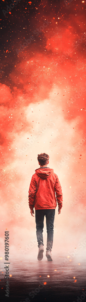 A man stands in the middle of a red and white background with a red jacket. The background is filled with smoke and fire, creating a sense of danger and chaos. The man is looking up at the sky